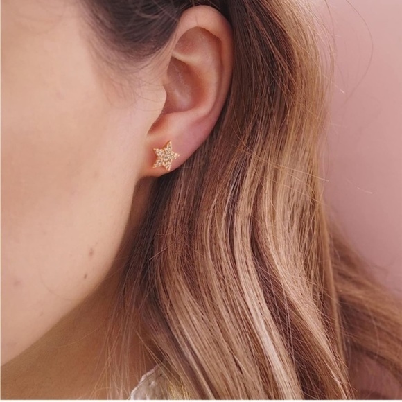 Gold 14k Gold Plated Moon Star Cubic Zirconia Stud Earrings - Picture 3 of 4